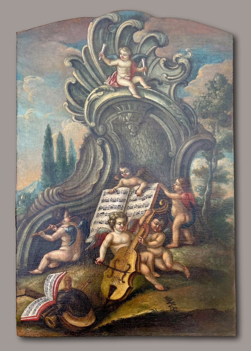 Grande huile sur toile rococo du XVIIIe siècle – Allégorie de la Musique aux Putti – 