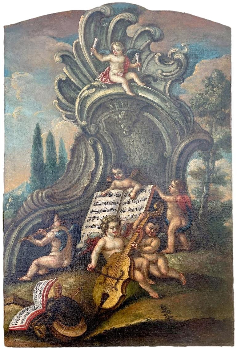 Allegory Of Music With Putti – Large Oil On Canvas, Italian Master, 18th Century –