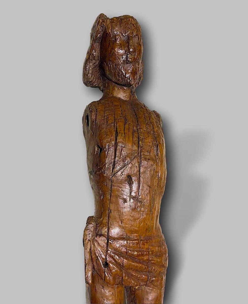 Exceptionnelle Sculpture Médiévale de Saint Sébastien en Chêne Monoxyle – Primitif XIIè siècle-photo-3