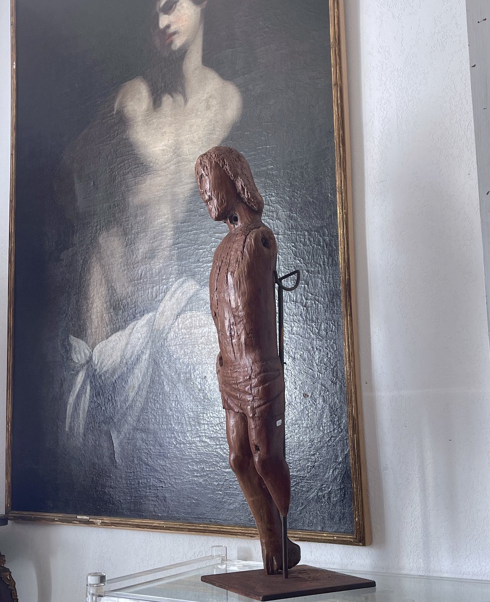 Exceptionnelle Sculpture Médiévale de Saint Sébastien en Chêne Monoxyle – Primitif XIIè siècle-photo-8
