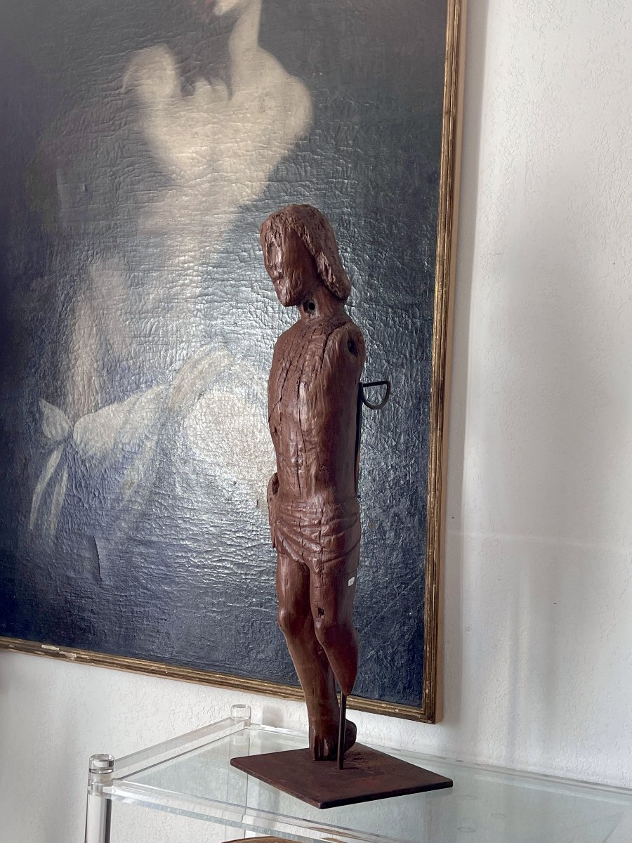 Exceptionnelle Sculpture Médiévale de Saint Sébastien en Chêne Monoxyle – Primitif XIIè siècle