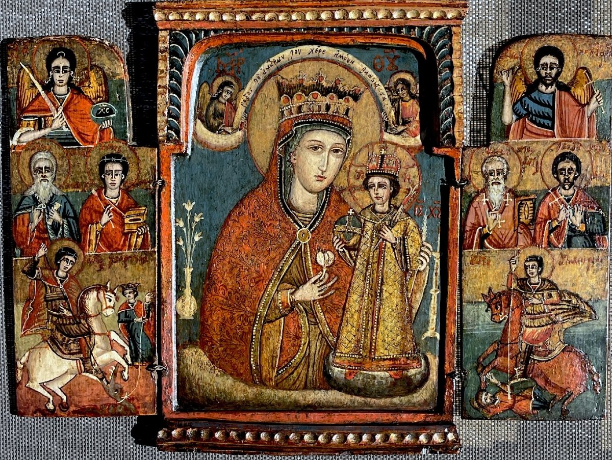 Orthodox Triptych Depicting The Crowned Virgin And Child – Balkan School, 18th Century-photo-2