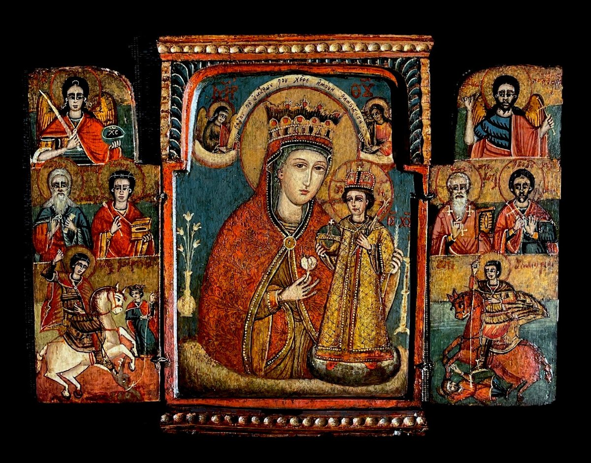 Orthodox Triptych Depicting The Crowned Virgin And Child – Balkan School, 18th Century