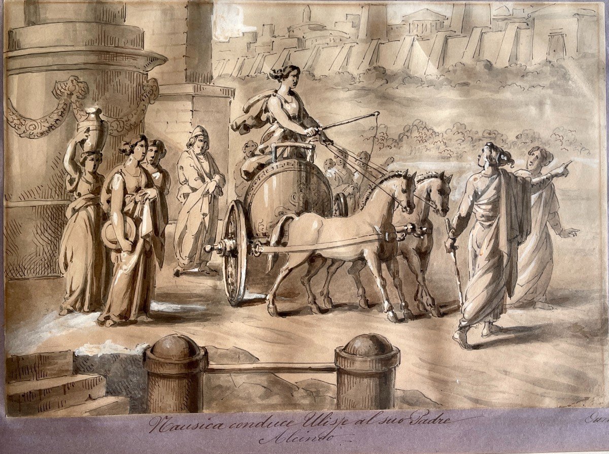 18th-century Roman School – Nausicaa Leads Odysseus To Alcinoos – Lavis & Plume-photo-4