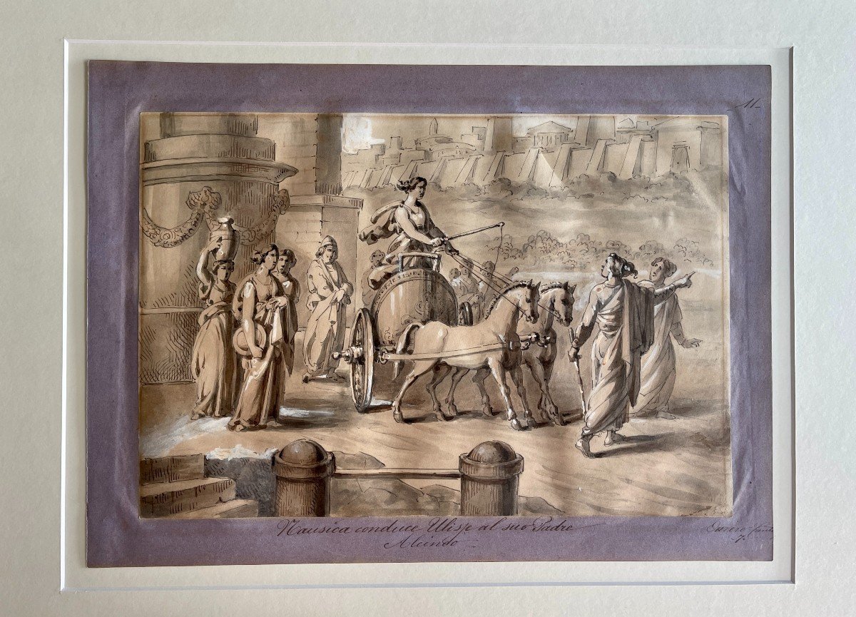 École Romaine XVIIIe – Nausicaa conduit Ulysse auprès d'Alcinoos – Lavis & Plume-photo-2