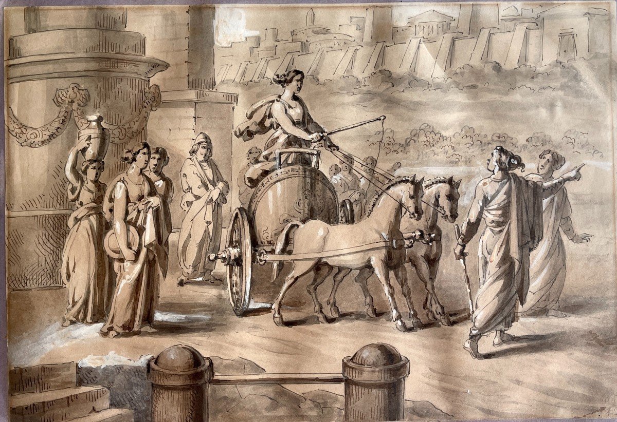 École Romaine XVIIIe – Nausicaa conduit Ulysse auprès d'Alcinoos – Lavis & Plume