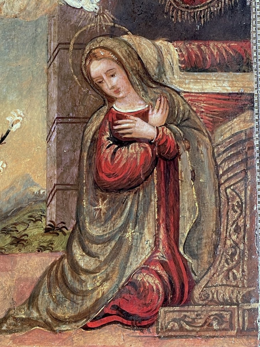 Annonciation Renaissance Italienne XVIe Siècle Tempera Sur Panneau École Lombarde-photo-2