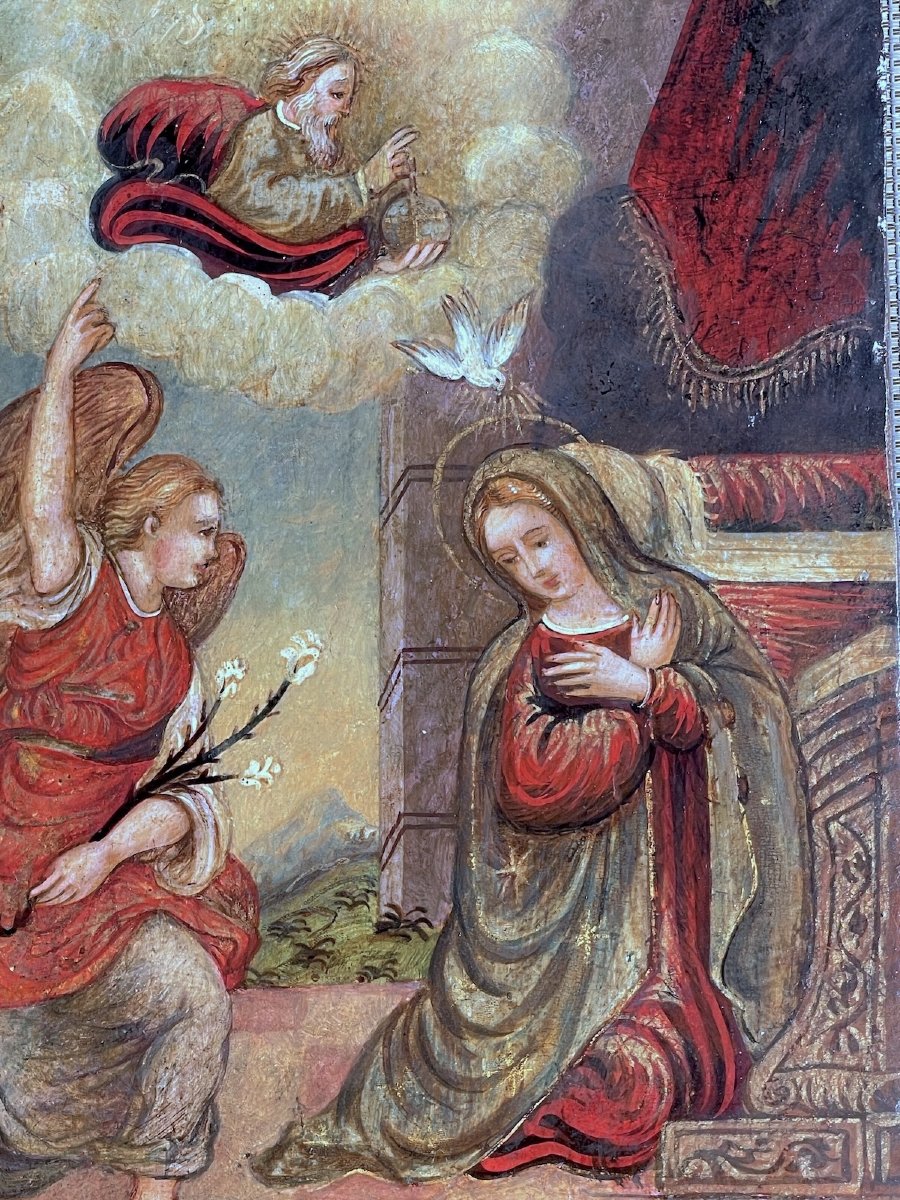 Annonciation Renaissance Italienne XVIe Siècle Tempera Sur Panneau École Lombarde-photo-3