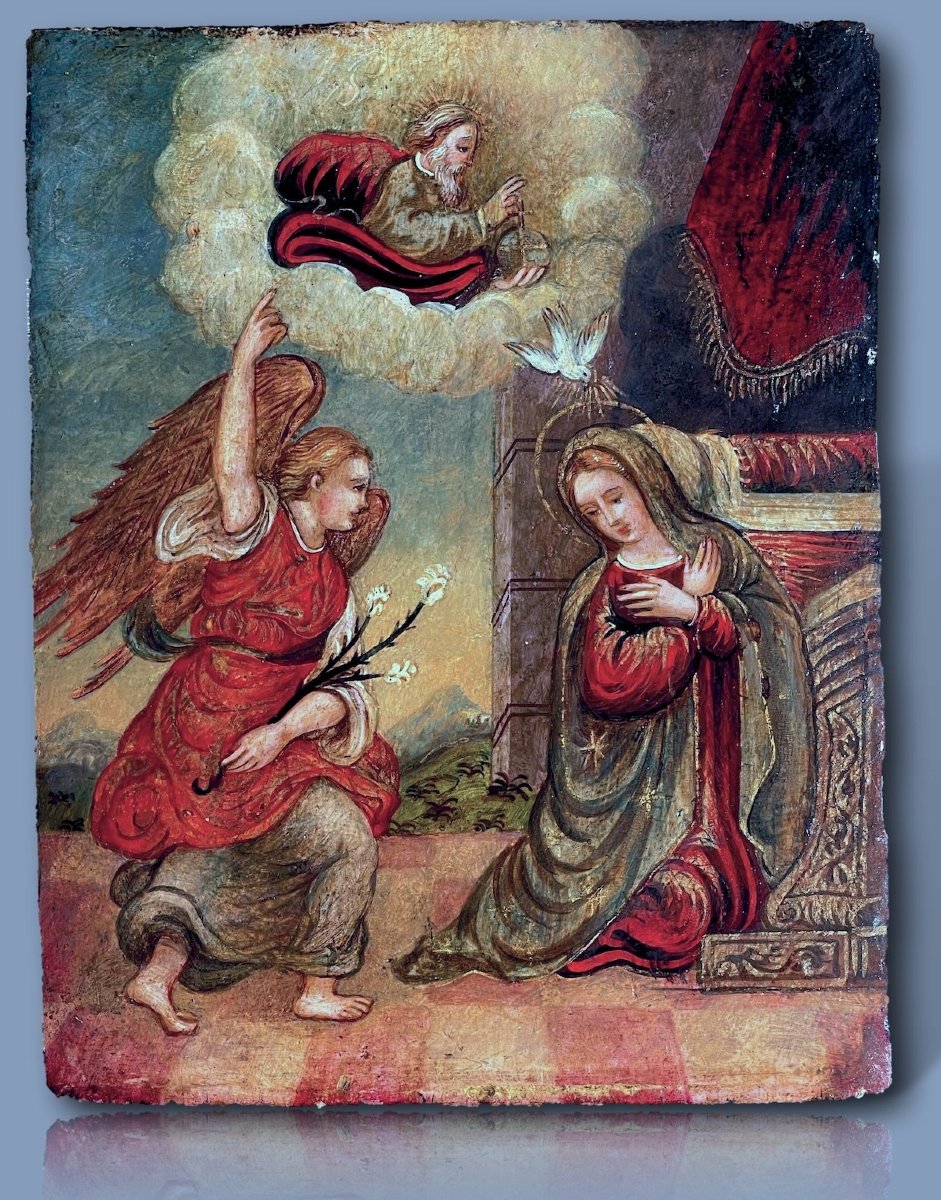 Annonciation Renaissance Italienne XVIe Siècle Tempera Sur Panneau École Lombarde