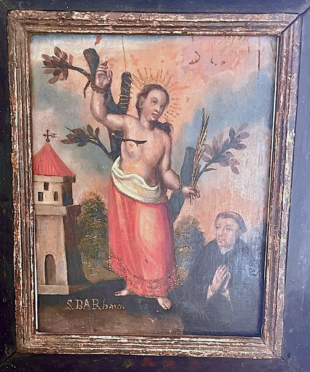 Altarpiece Dedicated To Saint Barbara, Oil On Panel, 17th-century Hispano-colonial School-photo-3