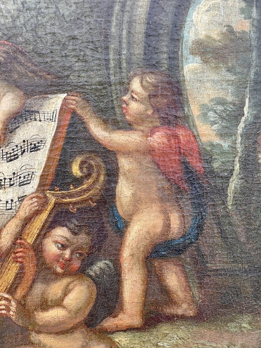 Allégorie de la Musique aux Putti, Grande Huile sur Toile Rococo, Italie XVIIIe Siècle-photo-3