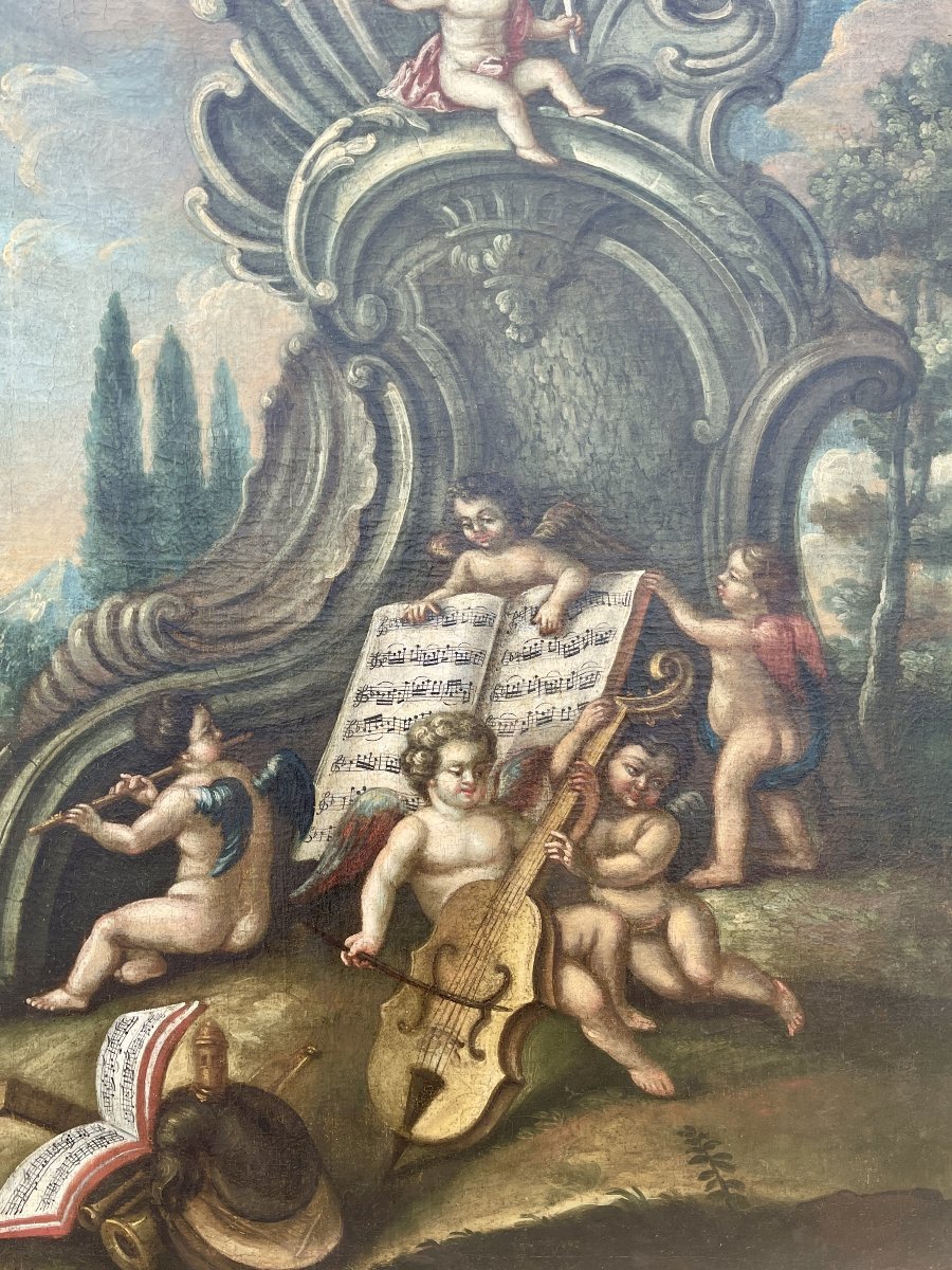 Allégorie de la Musique aux Putti, Grande Huile sur Toile Rococo, Italie XVIIIe Siècle-photo-4