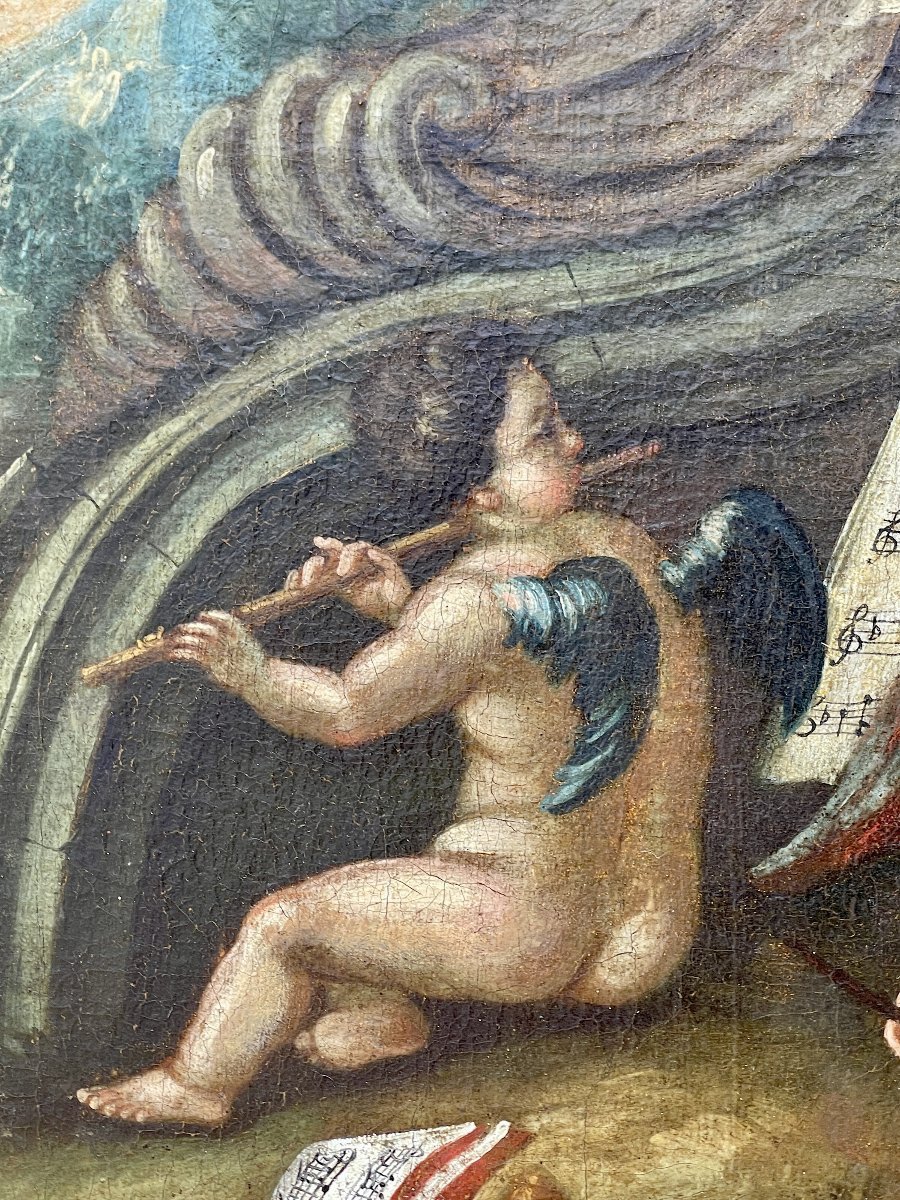 Allégorie de la Musique aux Putti, Grande Huile sur Toile Rococo, Italie XVIIIe Siècle-photo-1