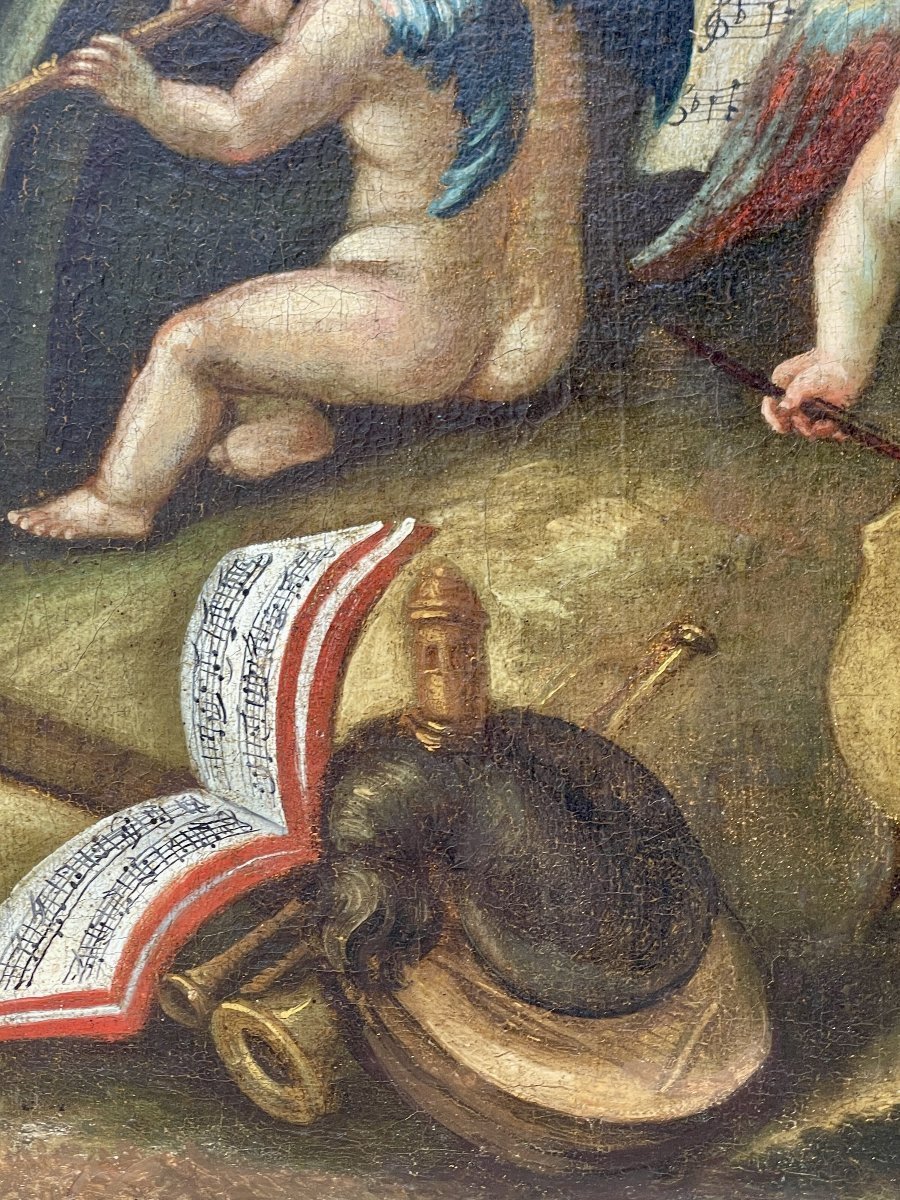 Allégorie de la Musique aux Putti, Grande Huile sur Toile Rococo, Italie XVIIIe Siècle-photo-2