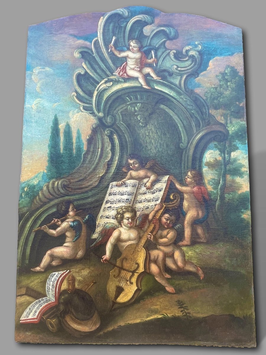 Allégorie de la Musique aux Putti, Grande Huile sur Toile Rococo, Italie XVIIIe Siècle-photo-4