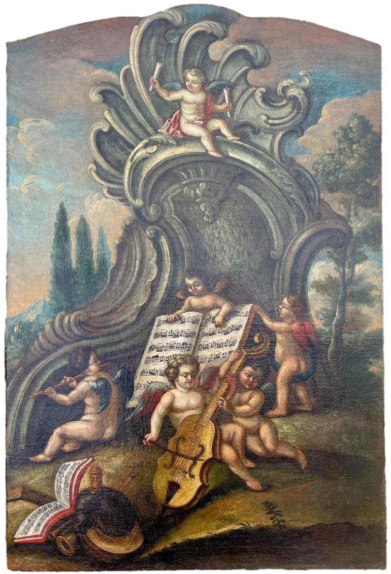 Allégorie de la Musique aux Putti, Grande Huile sur Toile Rococo, Italie XVIIIe Siècle