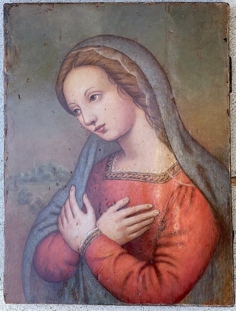 Praying Virgin, Tempera On Panel, Italian Renaissance School, 16th Century-photo-3