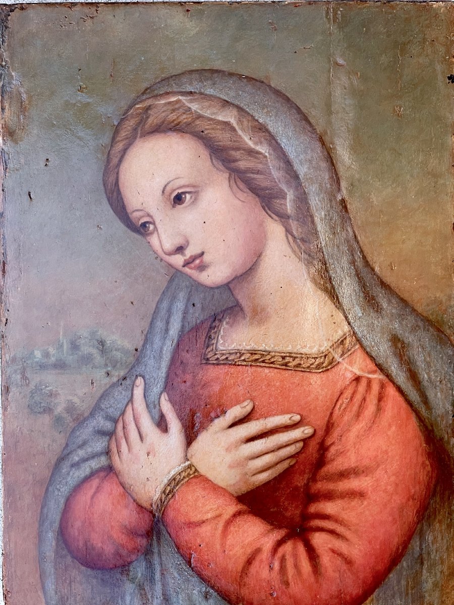 Praying Virgin, Tempera On Panel, Italian Renaissance School, 16th Century-photo-1
