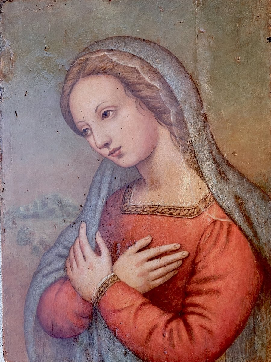 Praying Virgin, Tempera On Panel, Italian Renaissance School, 16th Century-photo-2