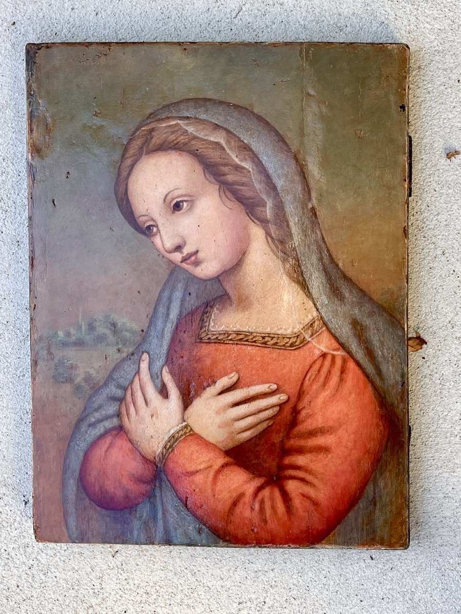 Praying Virgin, Tempera On Panel, Italian Renaissance School, 16th Century-photo-3