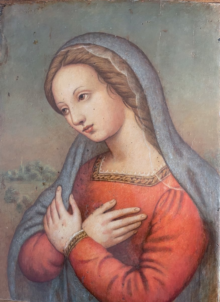 Praying Virgin, Tempera On Panel, Italian Renaissance School, 16th Century