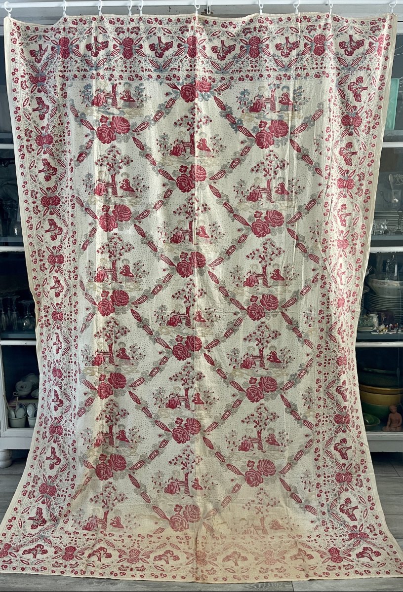 Indienne à Décor de Roses et Scènes Champêtres, Fin XVIIIe Siècle, 266 x 181 cm-photo-2