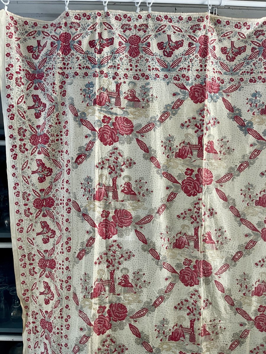 Indienne à Décor de Roses et Scènes Champêtres, Fin XVIIIe Siècle, 266 x 181 cm-photo-3