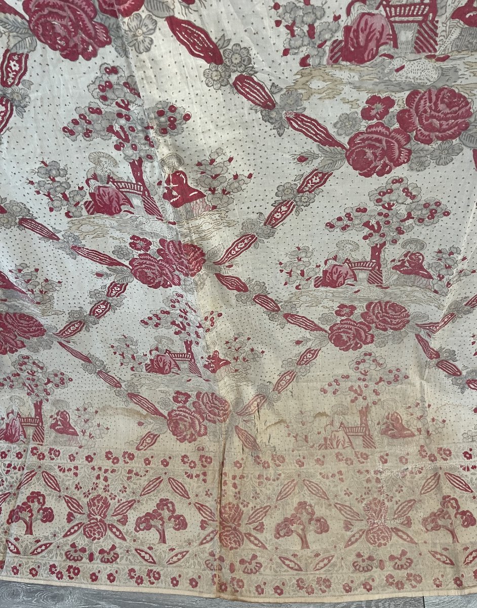 Indienne à Décor de Roses et Scènes Champêtres, Fin XVIIIe Siècle, 266 x 181 cm-photo-2