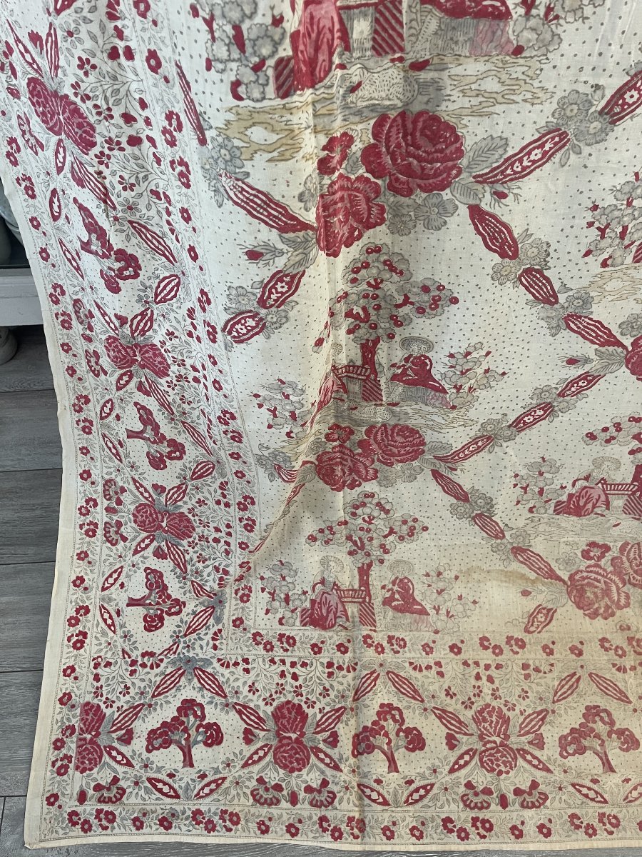 Indienne à Décor de Roses et Scènes Champêtres, Fin XVIIIe Siècle, 266 x 181 cm-photo-3