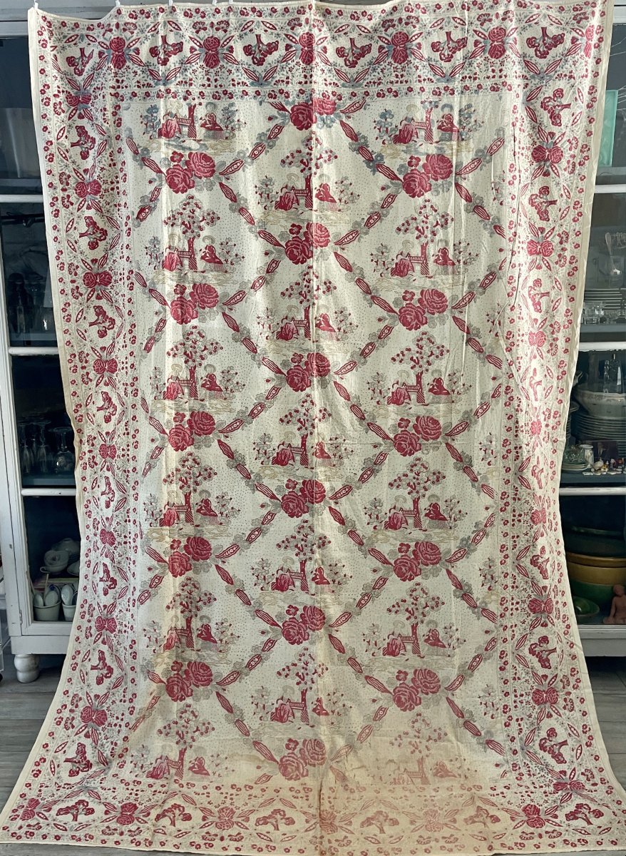 Indienne à Décor de Roses et Scènes Champêtres, Fin XVIIIe Siècle, 266 x 181 cm