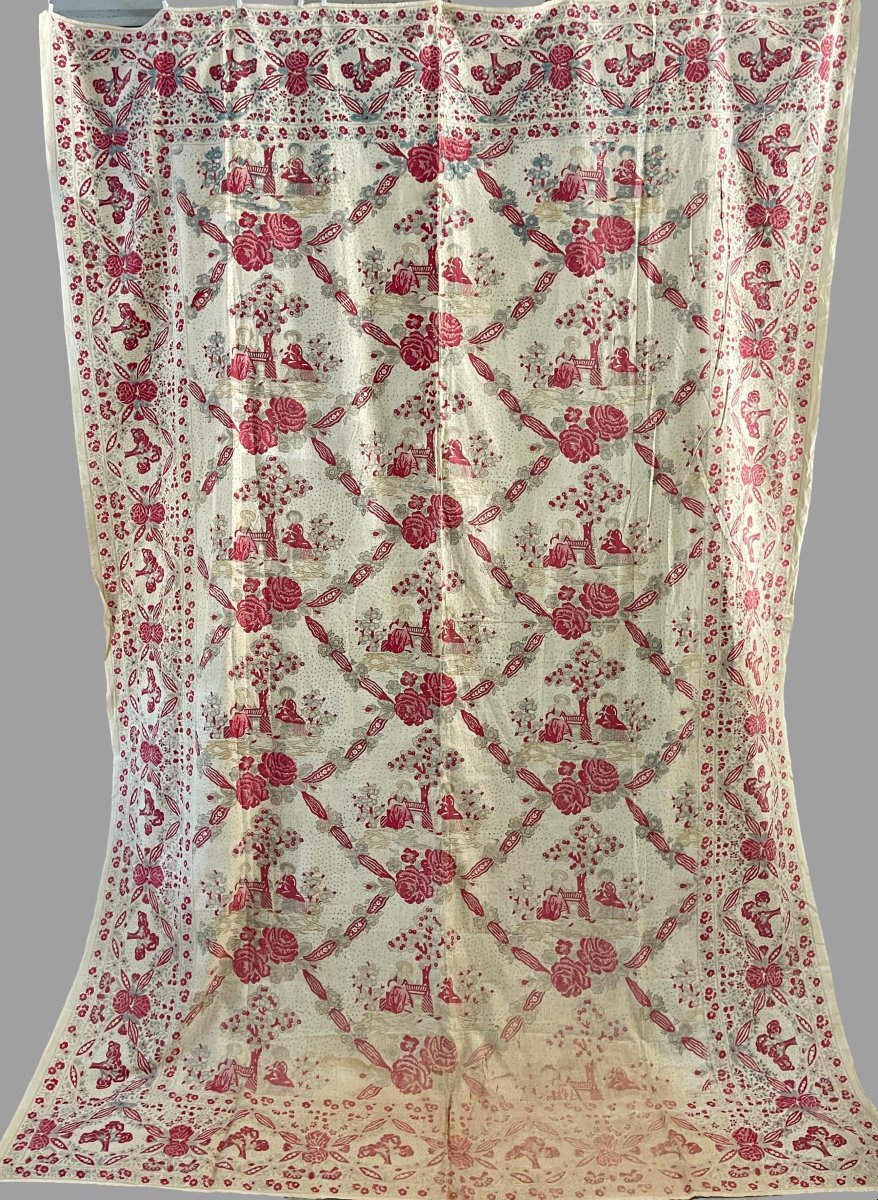 Indienne à Décor de Roses et Scènes Champêtres, Fin XVIIIe Siècle, 266 x 181 cm