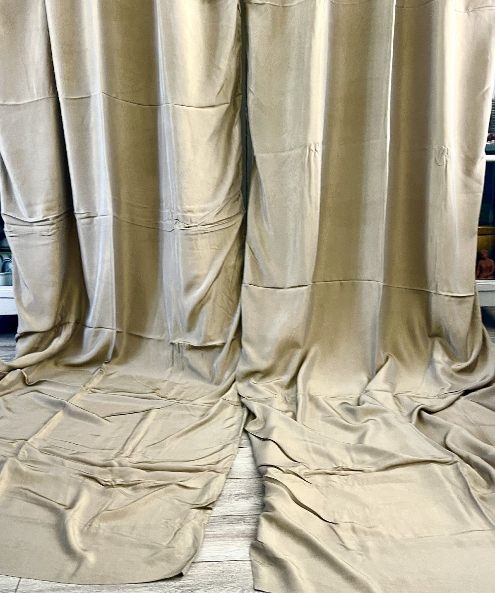 1st Pair Of Mayenne Linen Curtains, Bronze-toned Moiré Silk, Lined, 340 Cm-photo-4