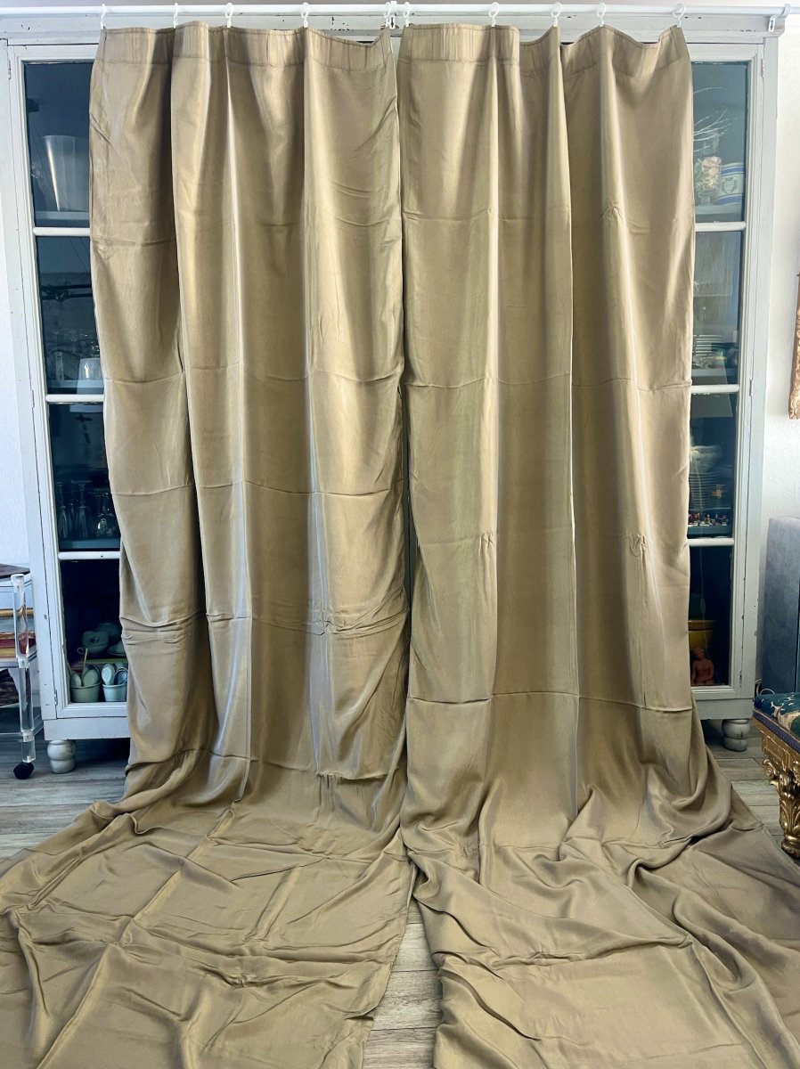 1st Pair Of Mayenne Linen Curtains, Bronze-toned Moiré Silk, Lined, 340 Cm