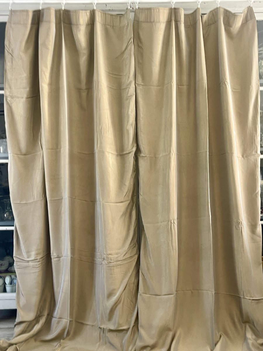 2nd Pair Of Mayenne Linen Curtains, Bronze-colored Moiré Silk, Lined, 340 Cm-photo-2