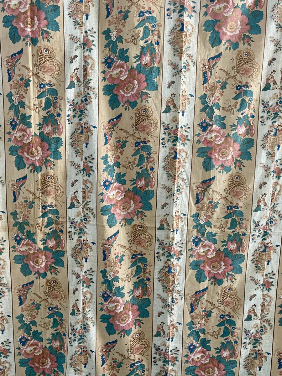 Indienne XVIIIe Siècle  (Nantes ?) Chinoiseries, Fleurs, Papillons, 216 x 180 cm -photo-2