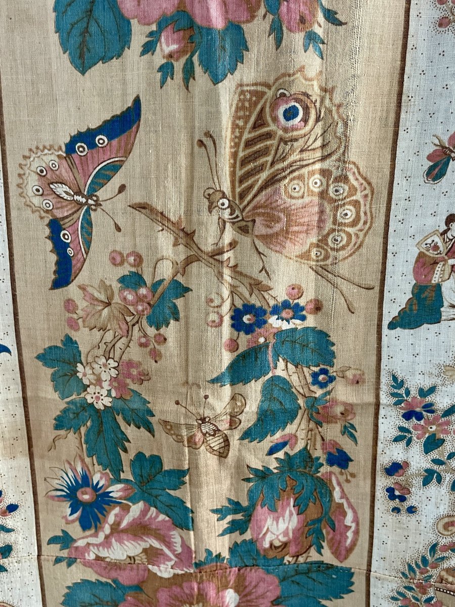 Indienne XVIIIe Siècle  (Nantes ?) Chinoiseries, Fleurs, Papillons, 216 x 180 cm -photo-4
