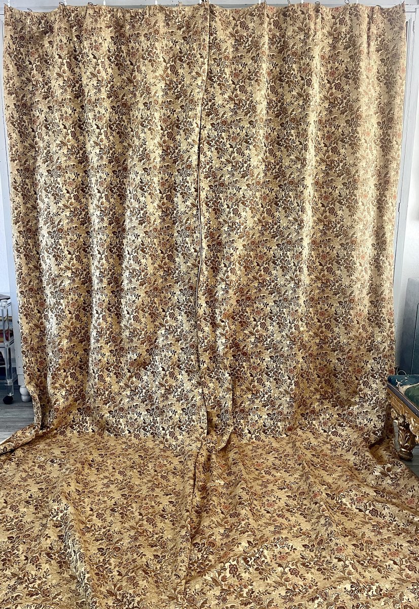 2ème Paire de Rideaux de Château Second Empire en Soie et Lin Or, 352 cm hauteur