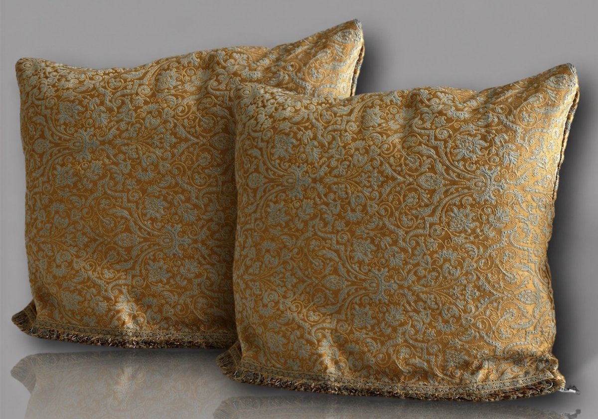 Grands Coussins Italiens Anciens en Brocart Doré et bleu, Style Baroque-photo-2