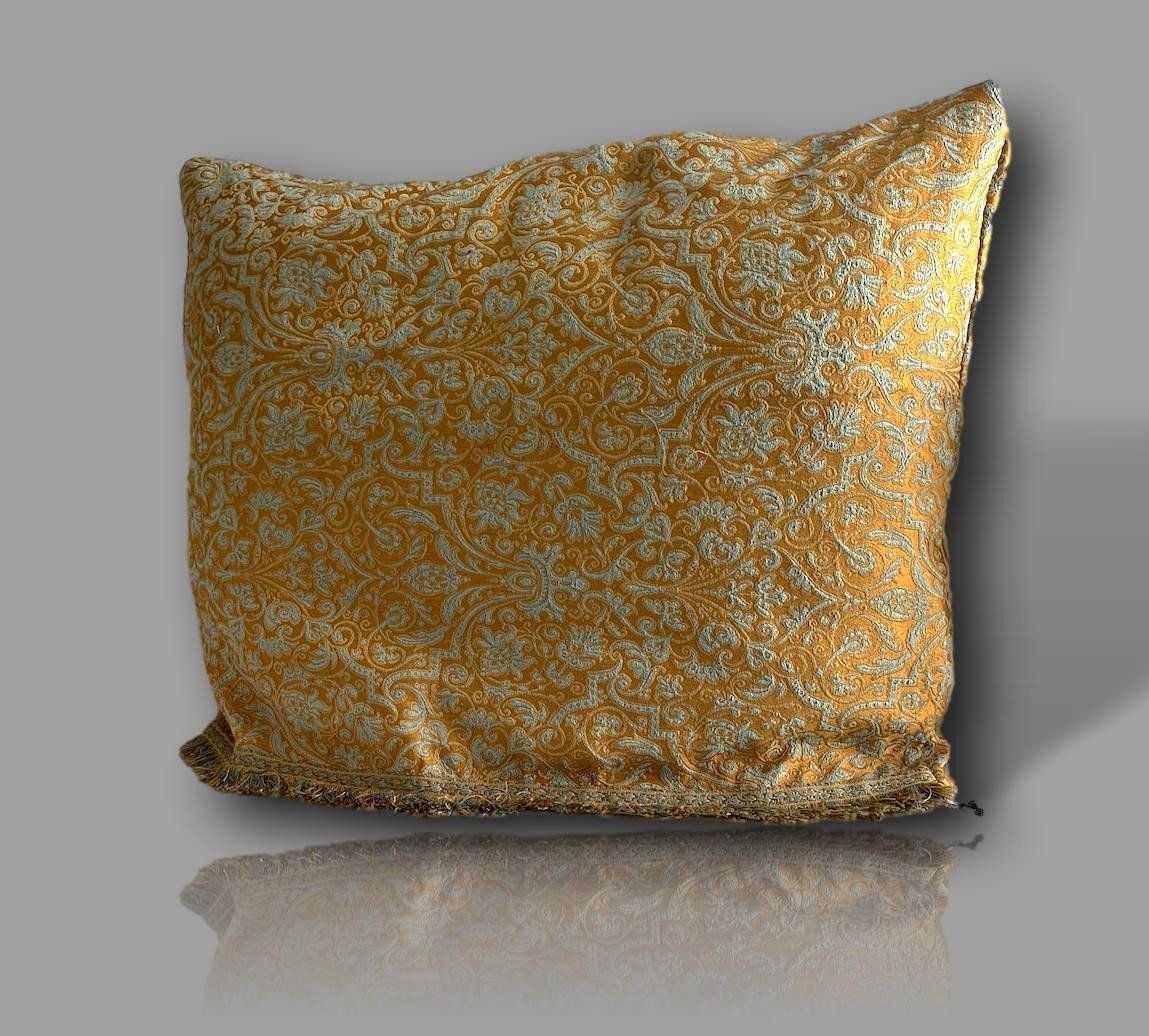 Grands Coussins Italiens Anciens en Brocart Doré et bleu, Style Baroque-photo-1