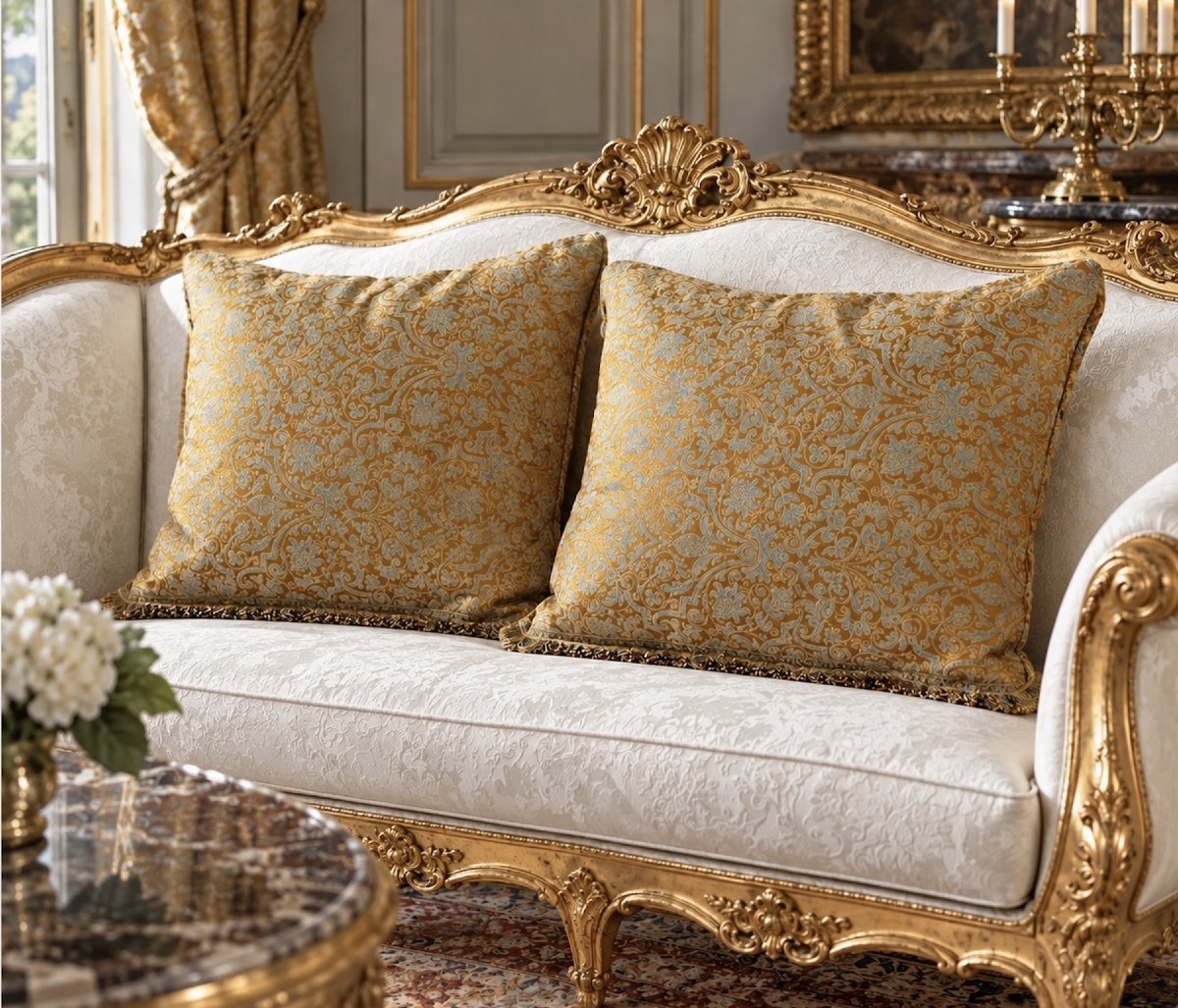 Grands Coussins Italiens Anciens en Brocart Doré et bleu, Style Baroque-photo-2