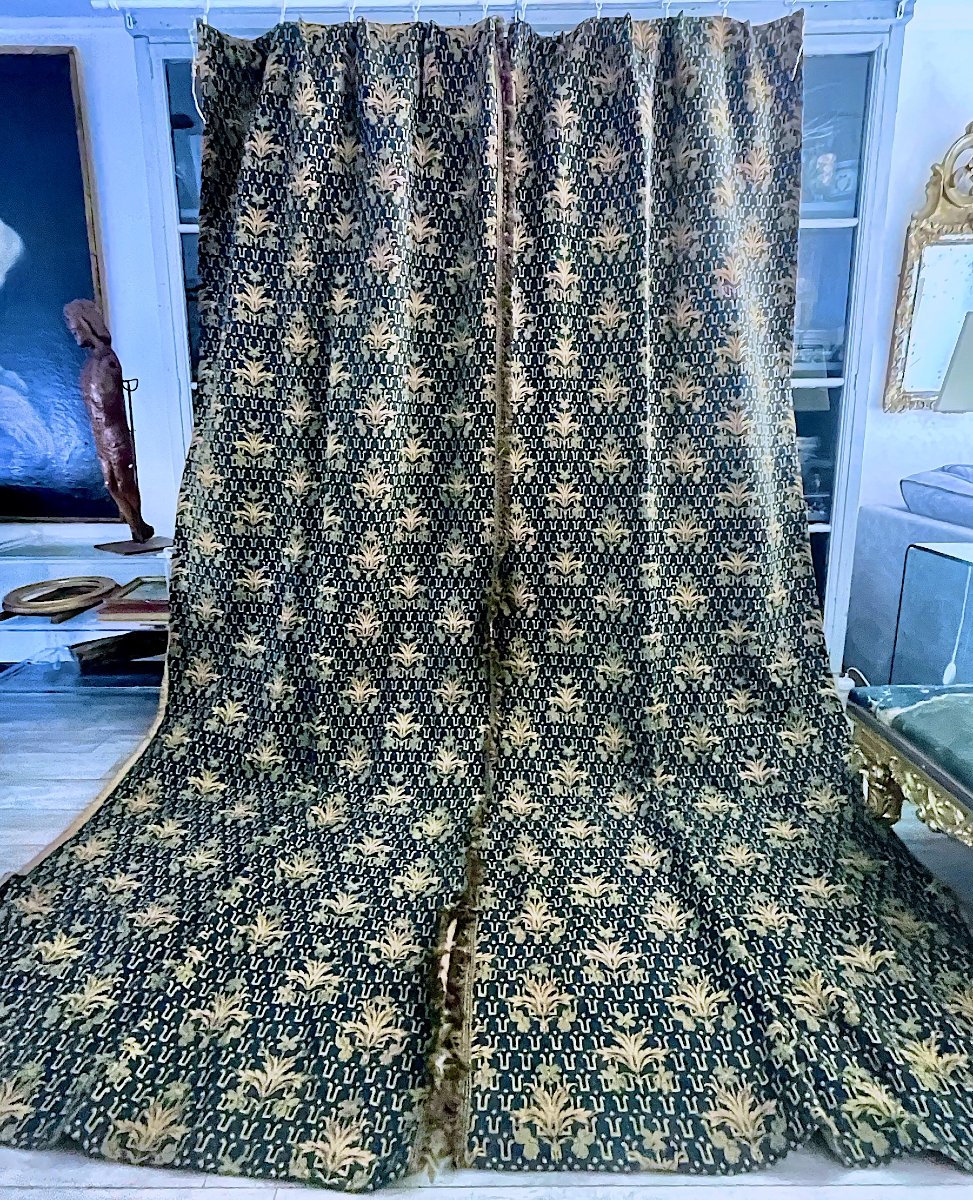 Paire de Rideaux de Château en Jacquard Bleu et Or, Fin XIXe, H. 353 cm-photo-2