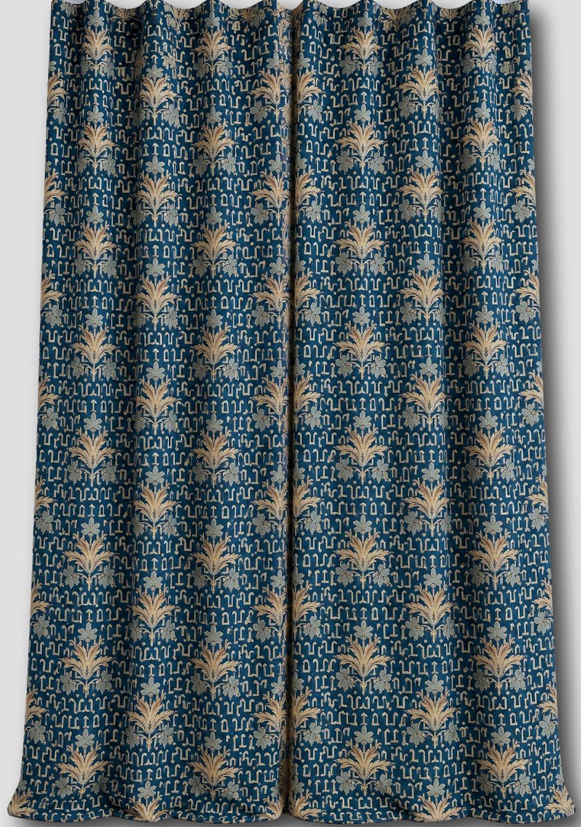 Paire de Rideaux de Château en Jacquard Bleu et Or, Fin XIXe, H. 353 cm-photo-3