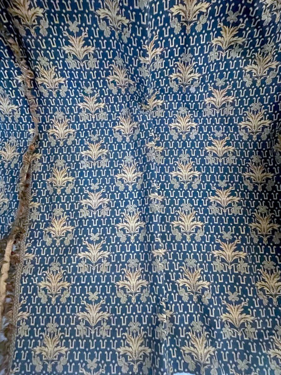 Paire de Rideaux de Château en Jacquard Bleu et Or, Fin XIXe, H. 353 cm-photo-4