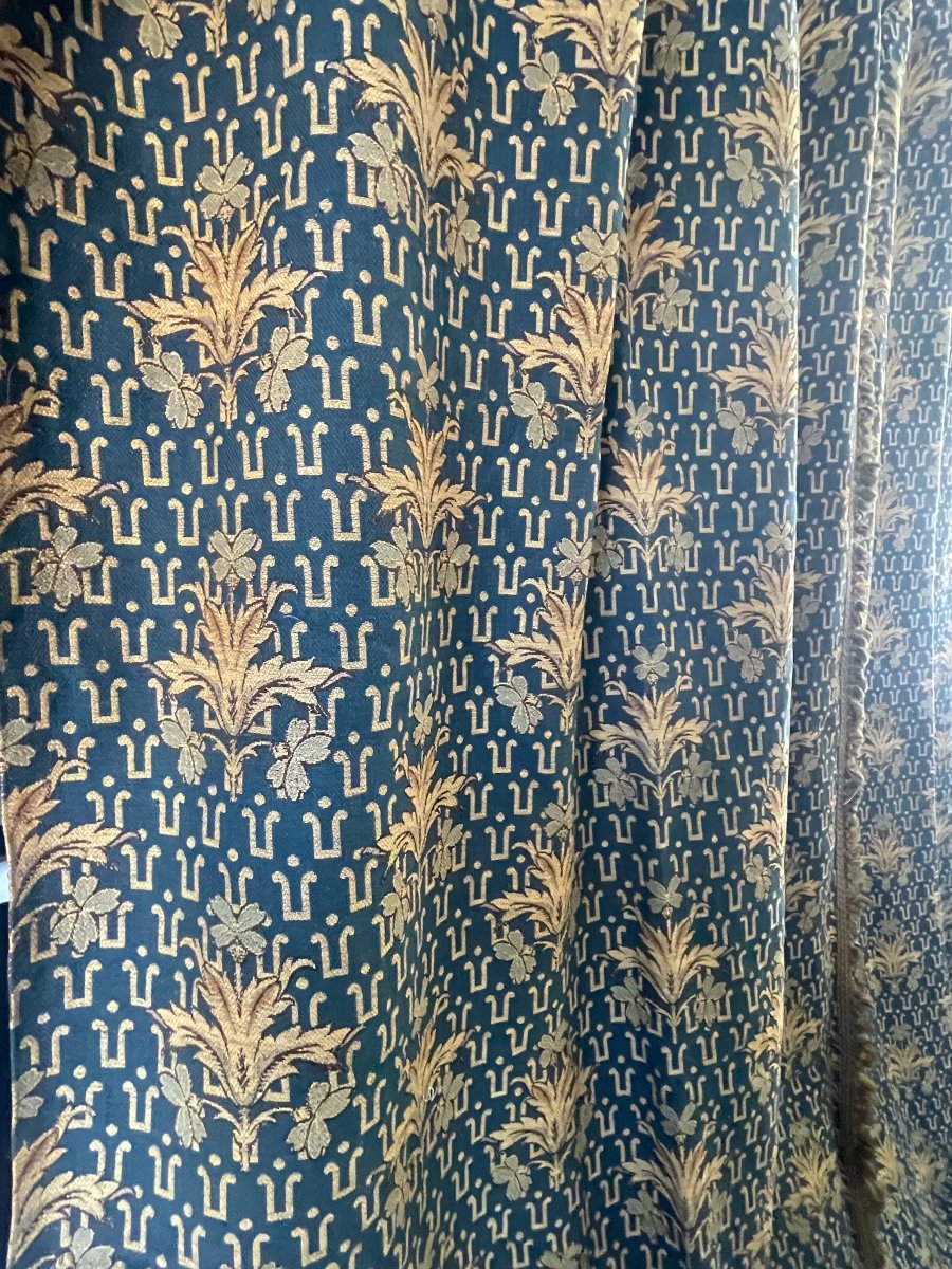 Paire de Rideaux de Château en Jacquard Bleu et Or, Fin XIXe, H. 353 cm-photo-1