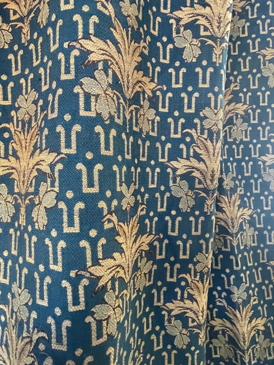 Paire de Rideaux de Château en Jacquard Bleu et Or, Fin XIXe, H. 353 cm-photo-2