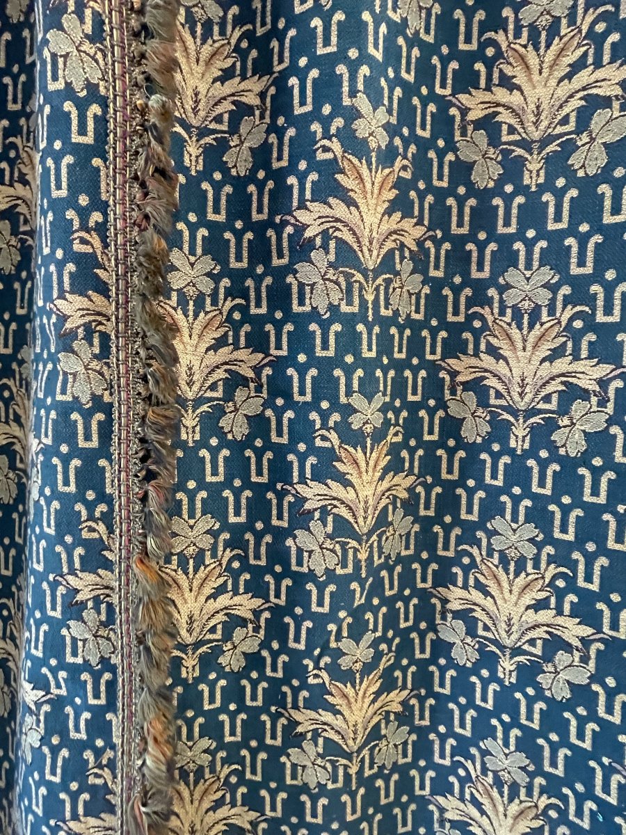 Paire de Rideaux de Château en Jacquard Bleu et Or, Fin XIXe, H. 353 cm-photo-3