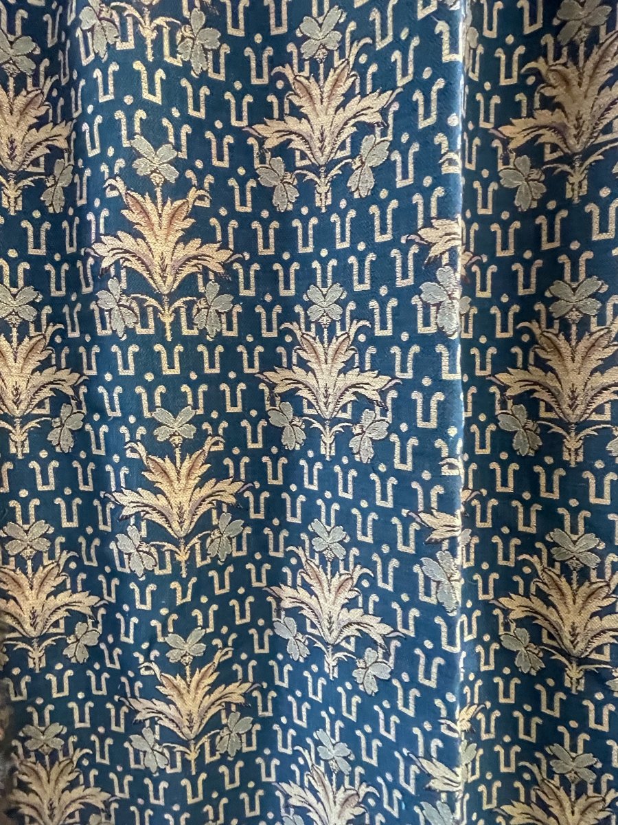 Paire de Rideaux de Château en Jacquard Bleu et Or, Fin XIXe, H. 353 cm-photo-4