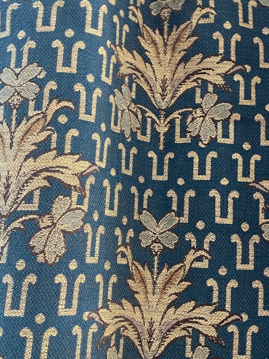 Paire de Rideaux de Château en Jacquard Bleu et Or, Fin XIXe, H. 353 cm-photo-6