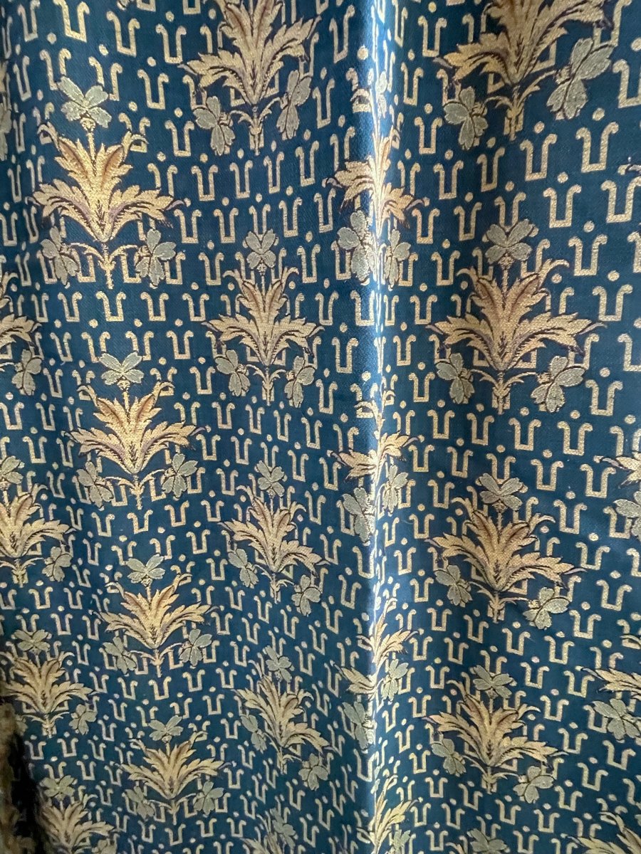 Paire de Rideaux de Château en Jacquard Bleu et Or, Fin XIXe, H. 353 cm