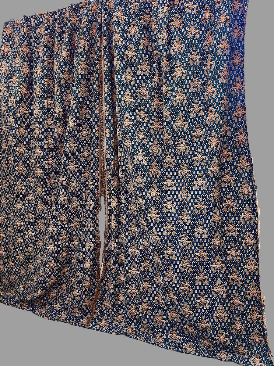 Autre Importante Paire de Rideaux de Château aux Fils d'Or, Bleu et Or, Fin XIXe-photo-2